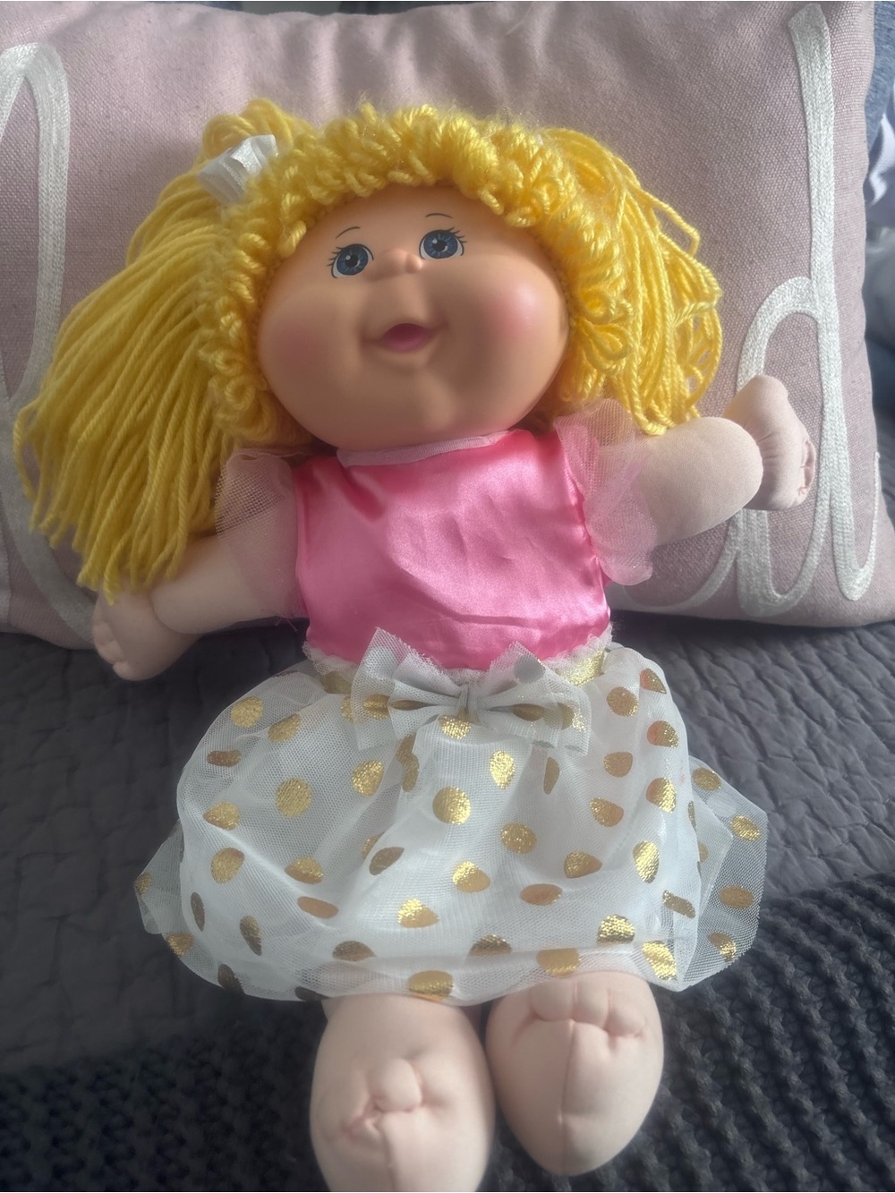 Pink and Yellow cabbage Plush Doll with Gold Polka Dot Skirt